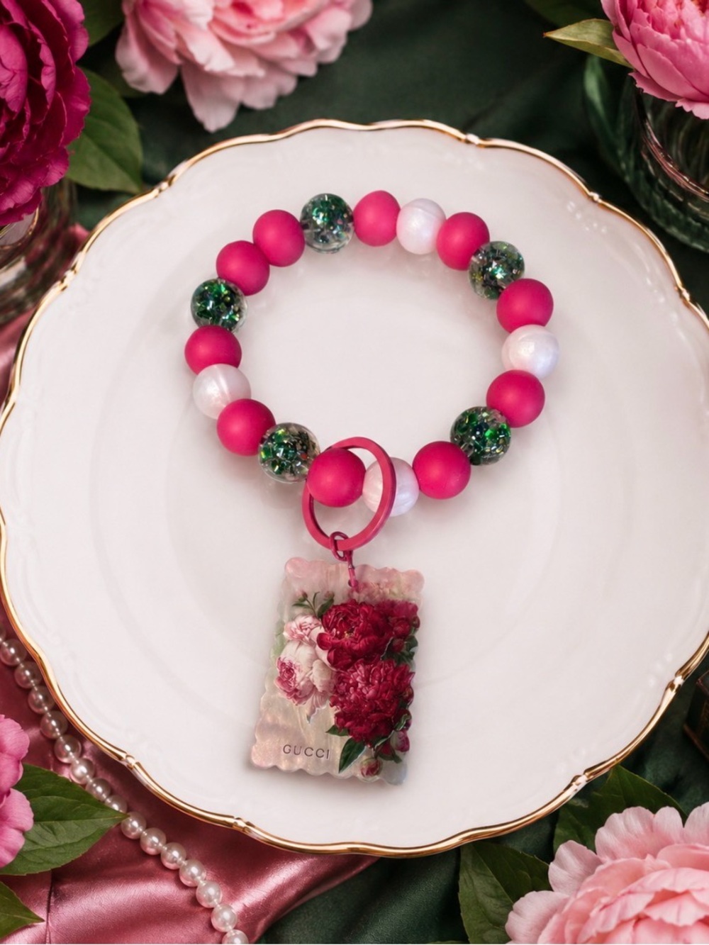 Hand Crafted Inspired Pink Floral Beaded Wristlet Keychain